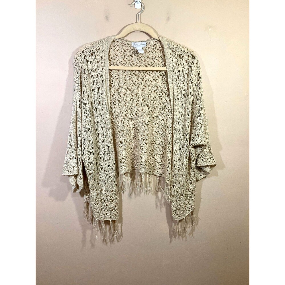 VTG Womens Crochet Open Front Cardigan 3X Beige Boho Coastal Cottage Whimsigoth
